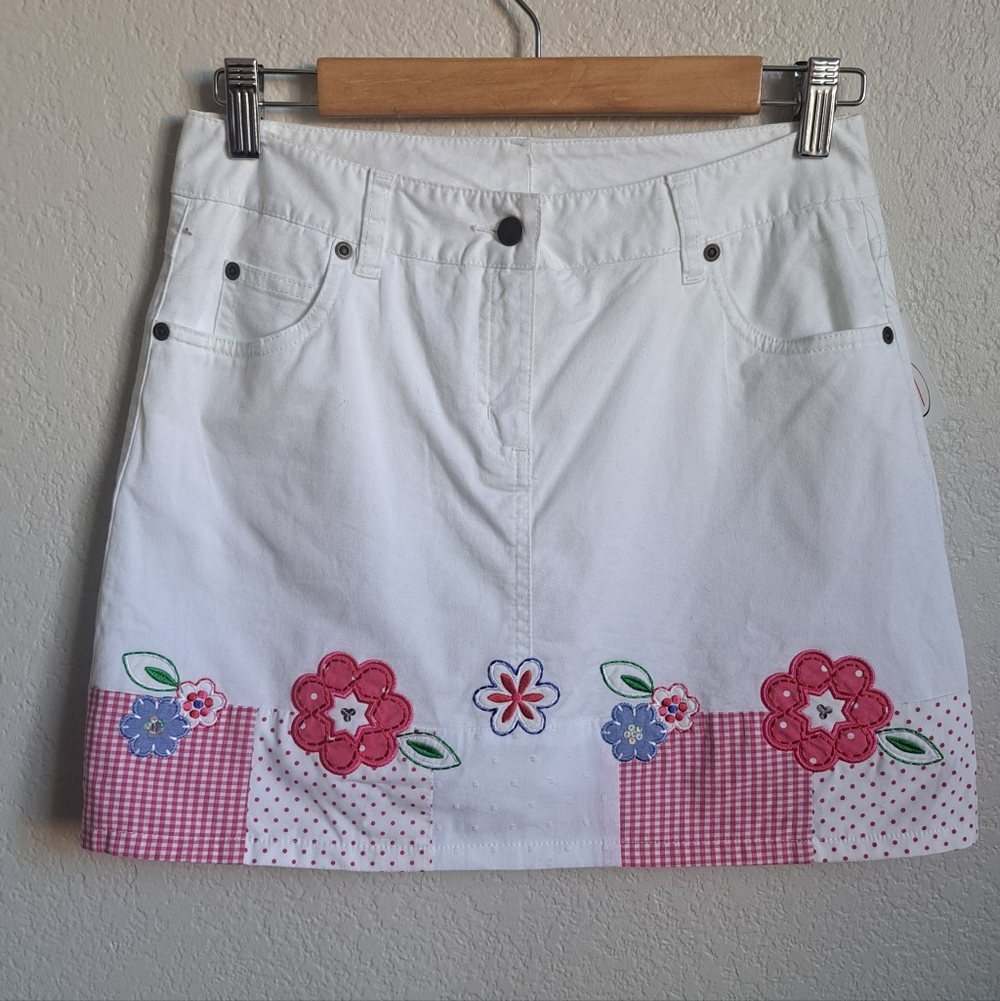 Talbots Girls White Pink Floral Denim Skirt Size 16 NWT